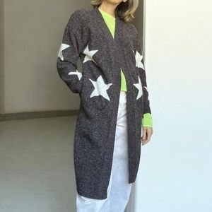 Joh. Star Pattern Longline Gray Cardigan Knit Midi Length Cardi Sweater Coatigan